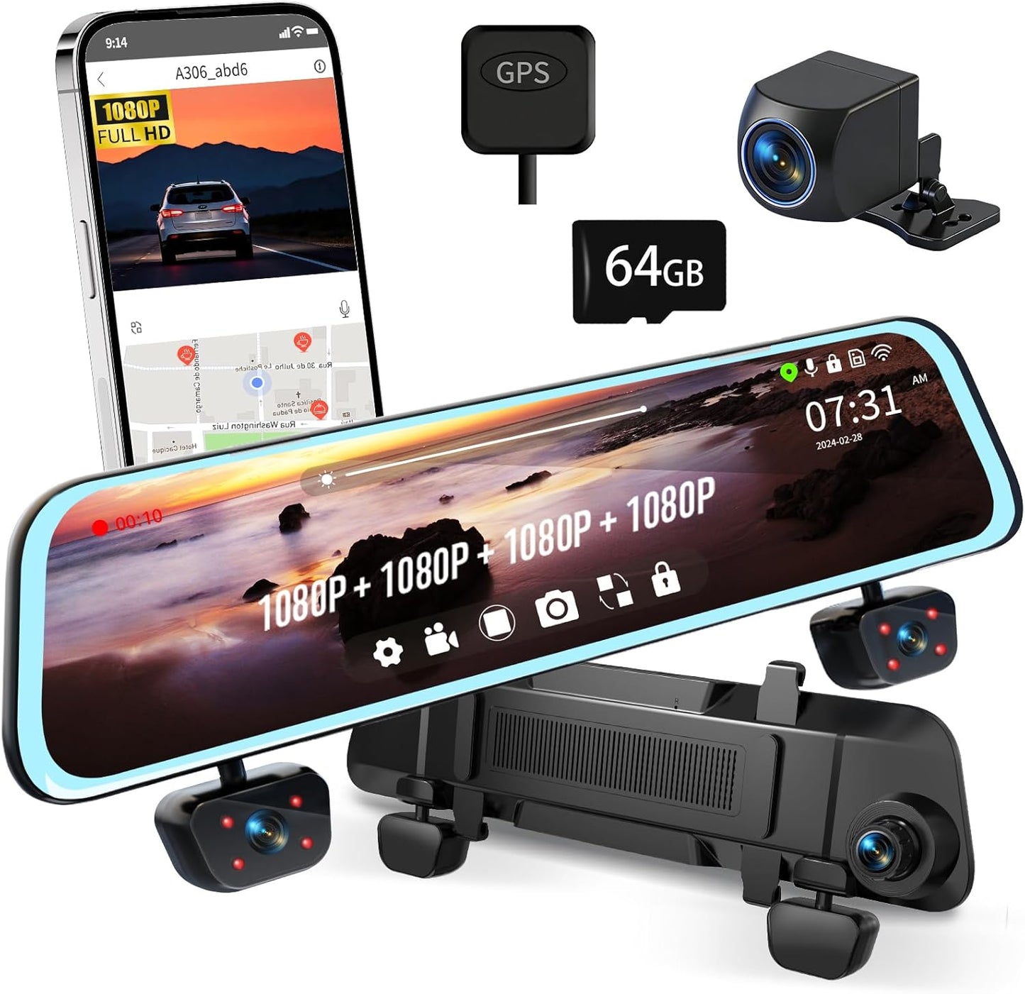 Zunfly L06 12-inch mirror dash cam with 4-channel 1080P recording, GPS module, 64GB SD card, rear camera, and smartphone app showing live GPS tracking
