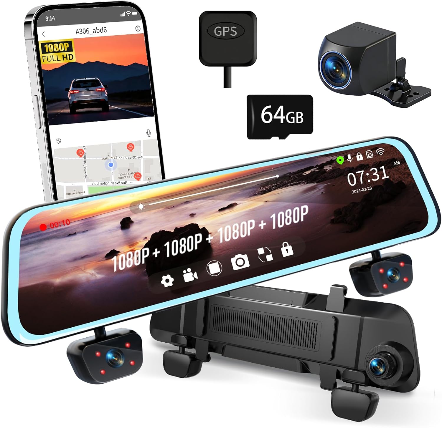 Zunfly L06 12-inch mirror dash cam with 4-channel 1080P recording, GPS module, 64GB SD card, rear camera, and smartphone app showing live GPS tracking