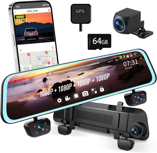 Zunfly L06 12-inch mirror dash cam with 4-channel 1080P recording, GPS module, 64GB SD card, rear camera, and smartphone app showing live GPS tracking