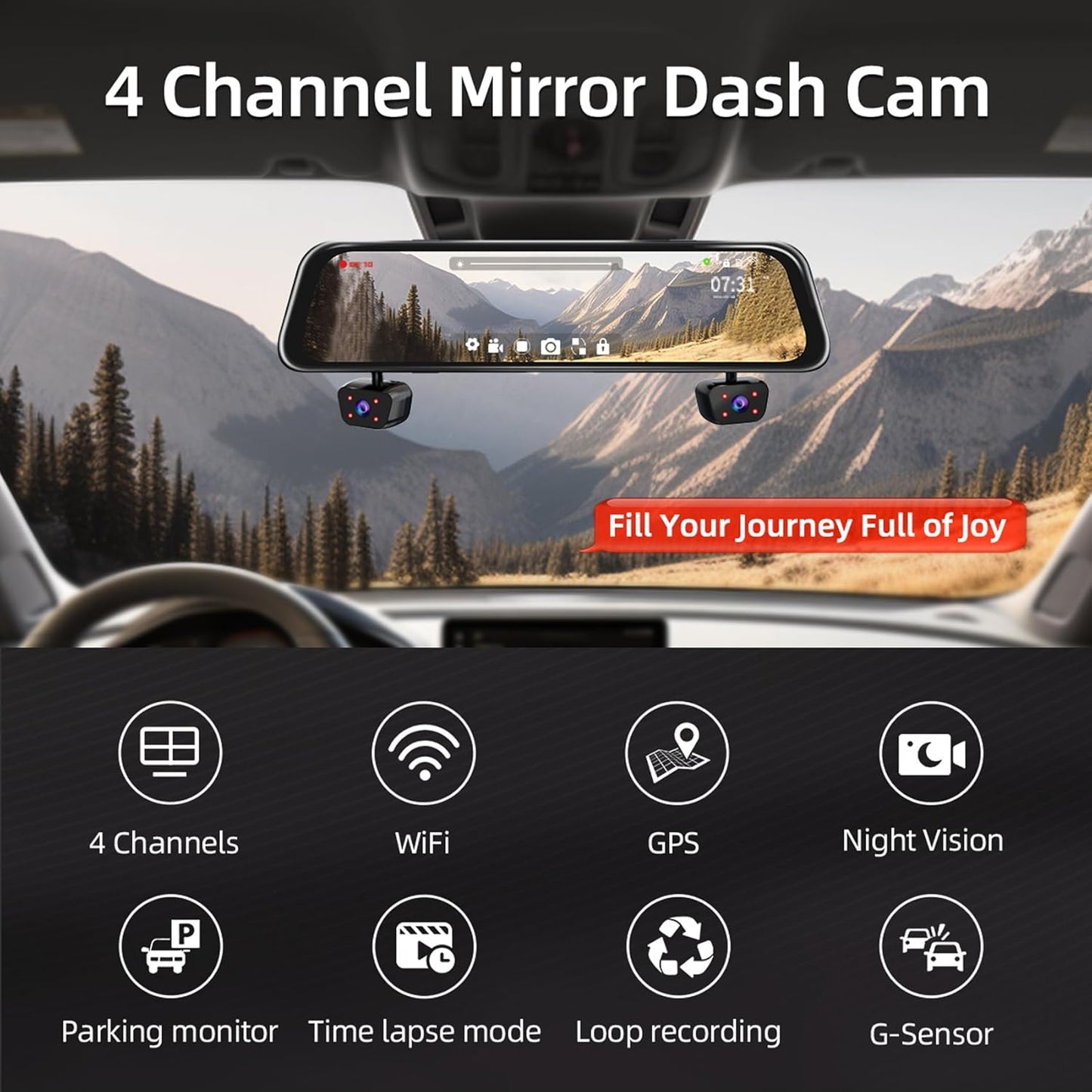 Zunfly L06 4-channel mirror dash cam installed on car rearview mirror with WiFi, GPS, night vision, parking monitor, time lapse, loop recording, and G-sensor feature icons