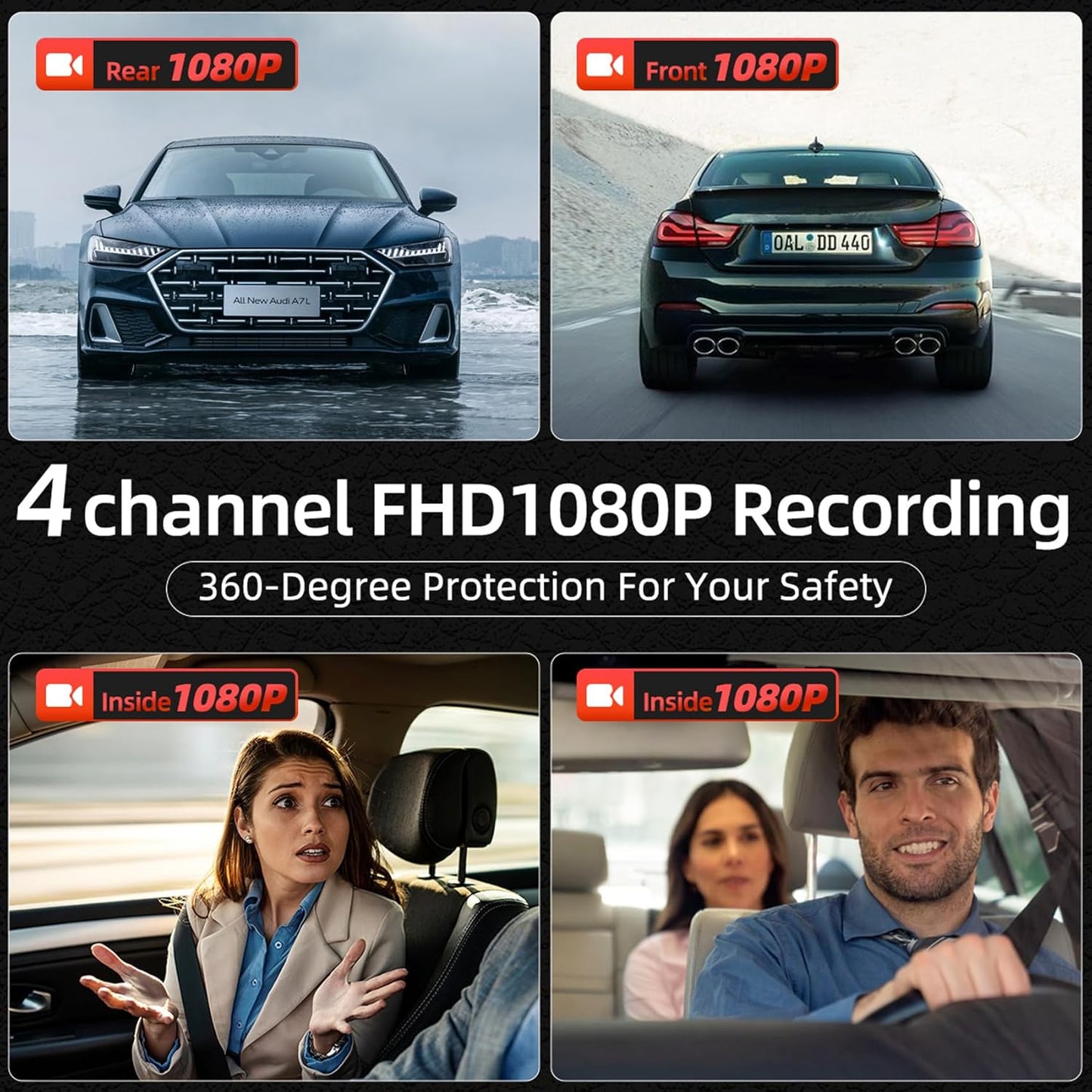 Zunfly L06 mirror dash cam 4-channel FHD 1080P recording showing rear 1080P, front 1080P, and two inside 1080P camera feeds for 360-degree protection