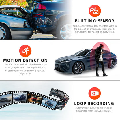 Zunfly L06 mirror dash cam built-in G-sensor auto-locks collision footage, motion detection saves 10 seconds before and 30 seconds after event, and loop recording overwrites oldest files