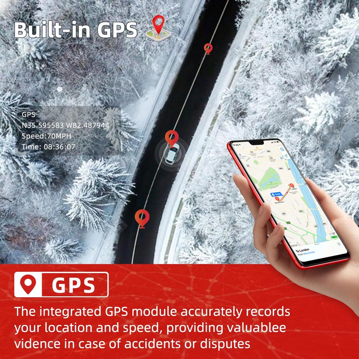 Zunfly L06 mirror dash cam built-in GPS module records real-time location, speed, and route on smartphone map for legal evidence and accident documentation