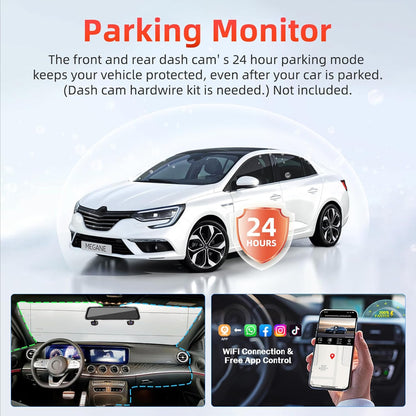 Zunfly L06 mirror dash cam 24-hour parking monitor with hardwire kit, WiFi connection, and free app control for live view and video sharing on iOS and Android