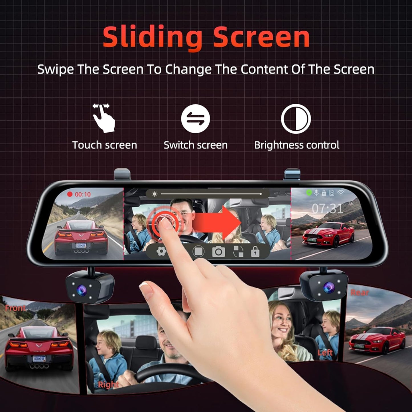 Zunfly L06 12-inch touch screen mirror dash cam sliding screen control — swipe to switch between front, rear, left, and right camera views with brightness control