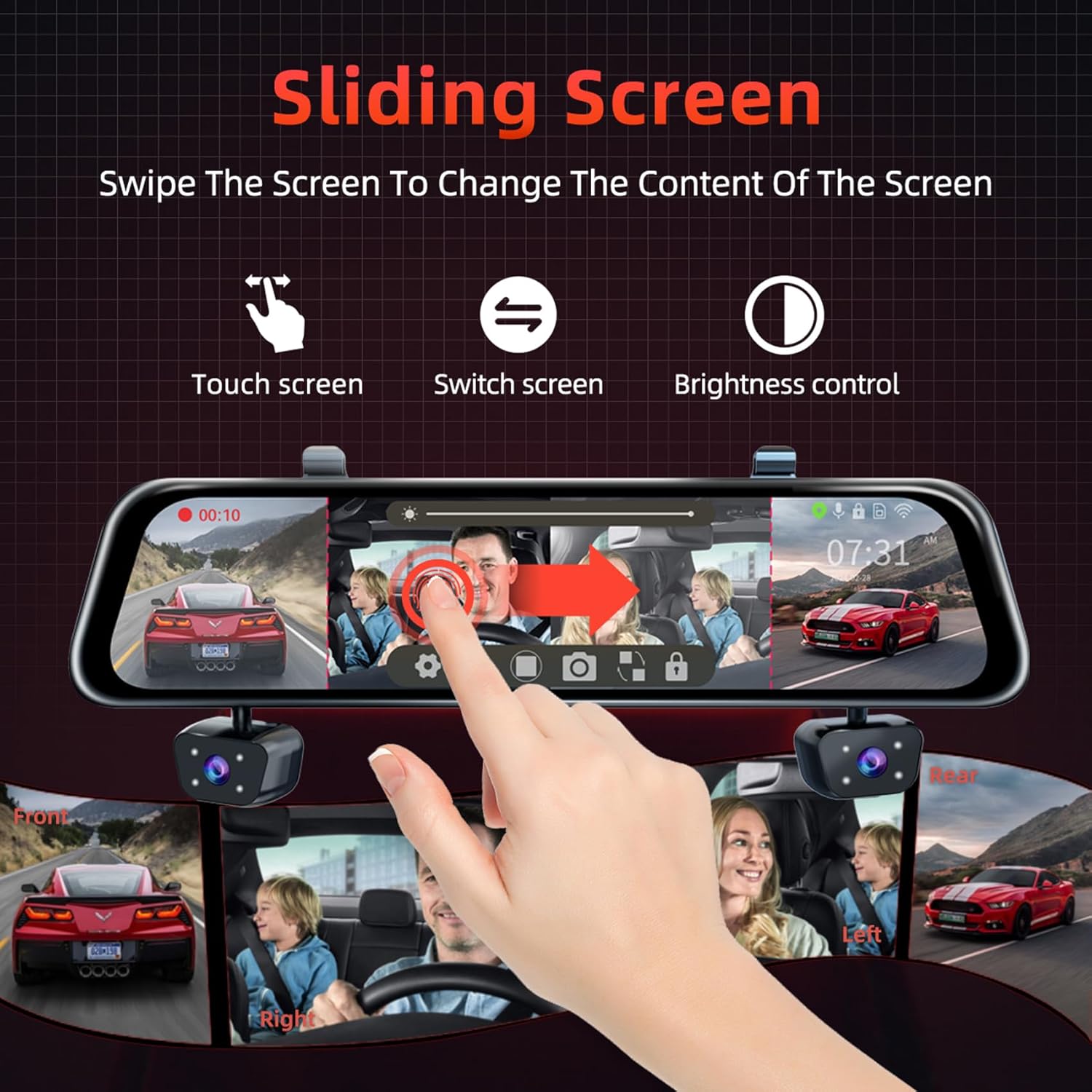 Zunfly L06 12-inch touch screen mirror dash cam sliding screen control — swipe to switch between front, rear, left, and right camera views with brightness control
