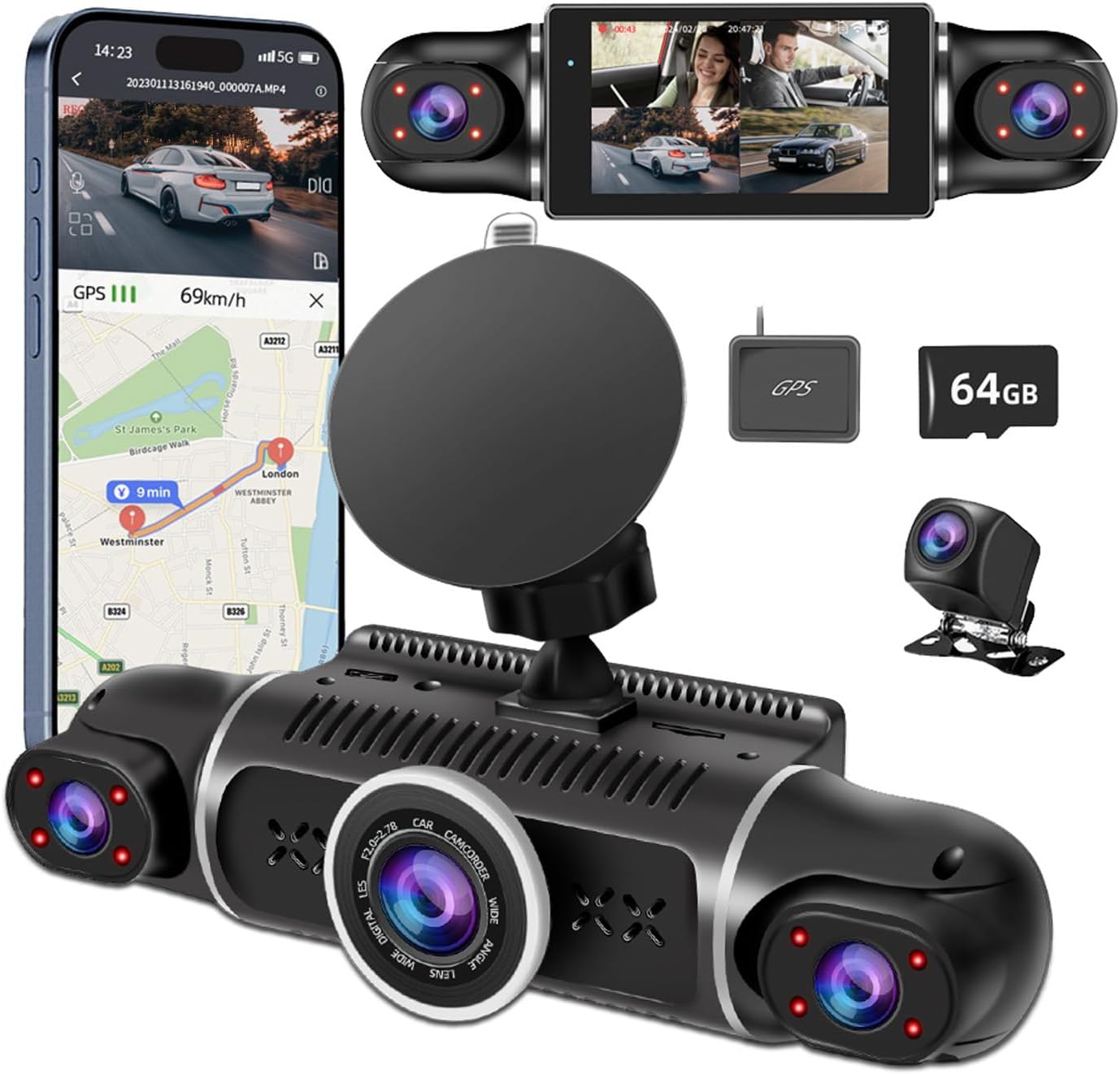 Zunfly W2 4-channel dash cam with GPS module, 64GB SD card, rear camera, and smartphone app showing live GPS tracking at 69km/h