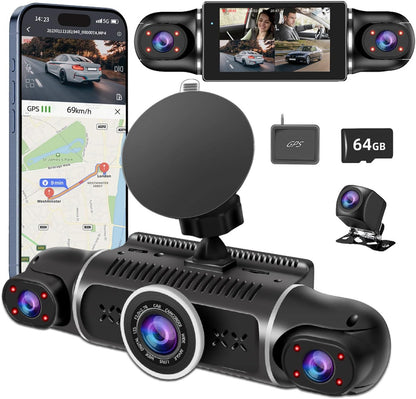 Zunfly W2 4-channel dash cam with GPS module, 64GB SD card, rear camera, and smartphone app showing live GPS tracking at 69km/h