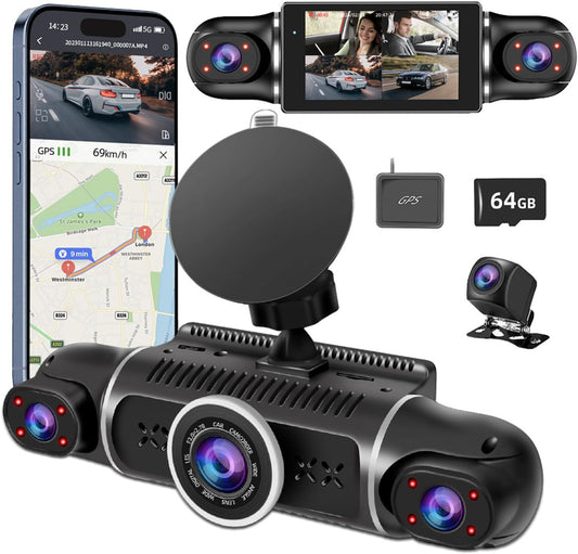 Zunfly W2 4-channel dash cam with GPS module, 64GB SD card, rear camera, and smartphone app showing live GPS tracking at 69km/h