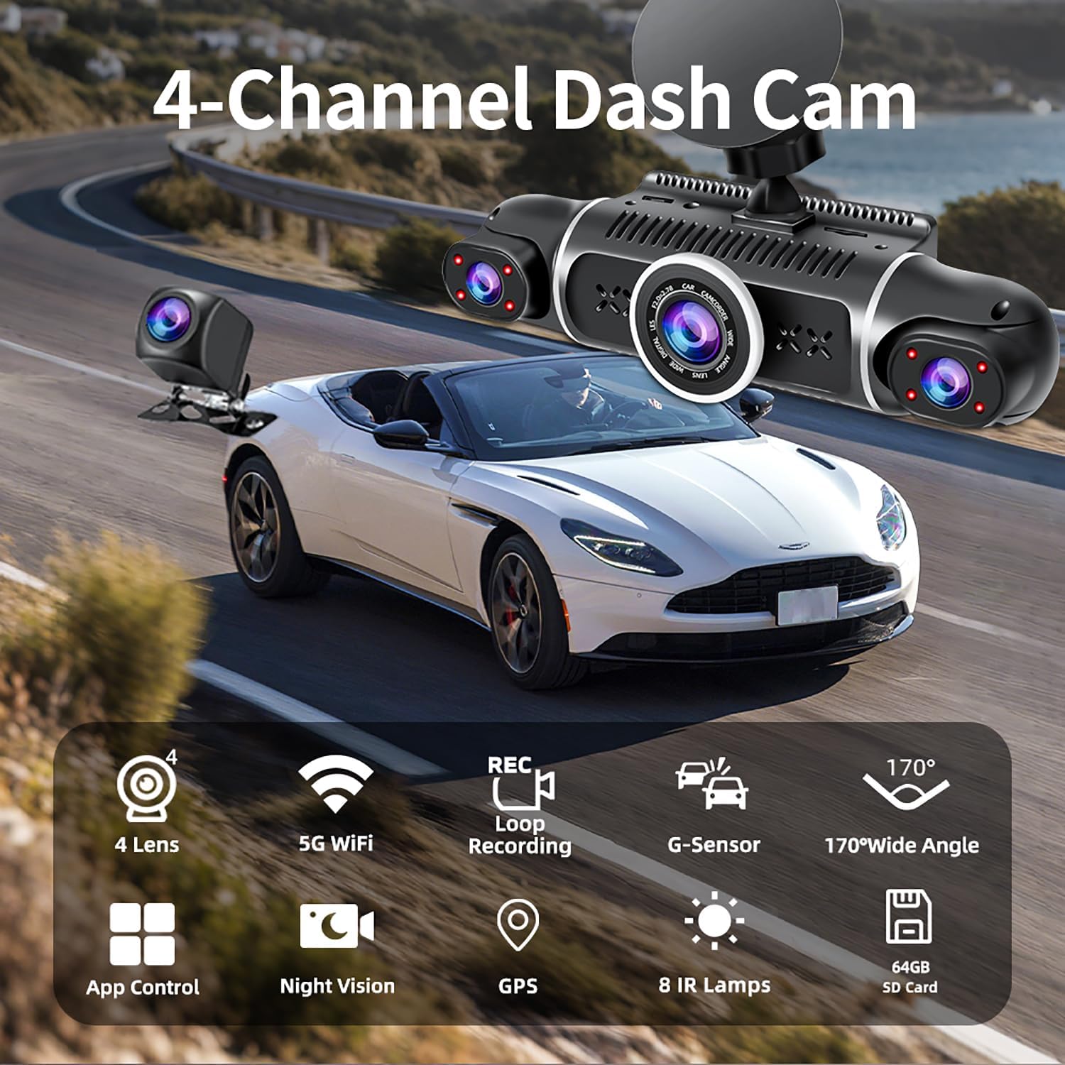 Zunfly W2 4-channel dash cam mounted on car with 4 lens, 5G WiFi, loop recording, G-sensor, 170-degree wide angle, night vision, GPS, 8 IR lamps, and 64GB SD card feature icons