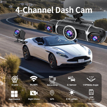 Zunfly W2 4-channel dash cam mounted on car with 4 lens, 5G WiFi, loop recording, G-sensor, 170-degree wide angle, night vision, GPS, 8 IR lamps, and 64GB SD card feature icons