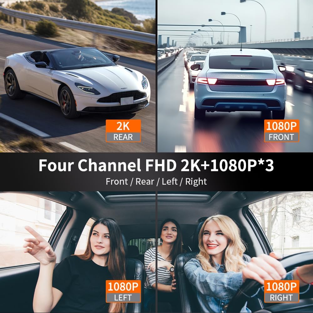 Zunfly W2 four channel FHD dash cam showing 2K rear view, 1080P front view, 1080P left interior and 1080P right interior camera feeds simultaneously