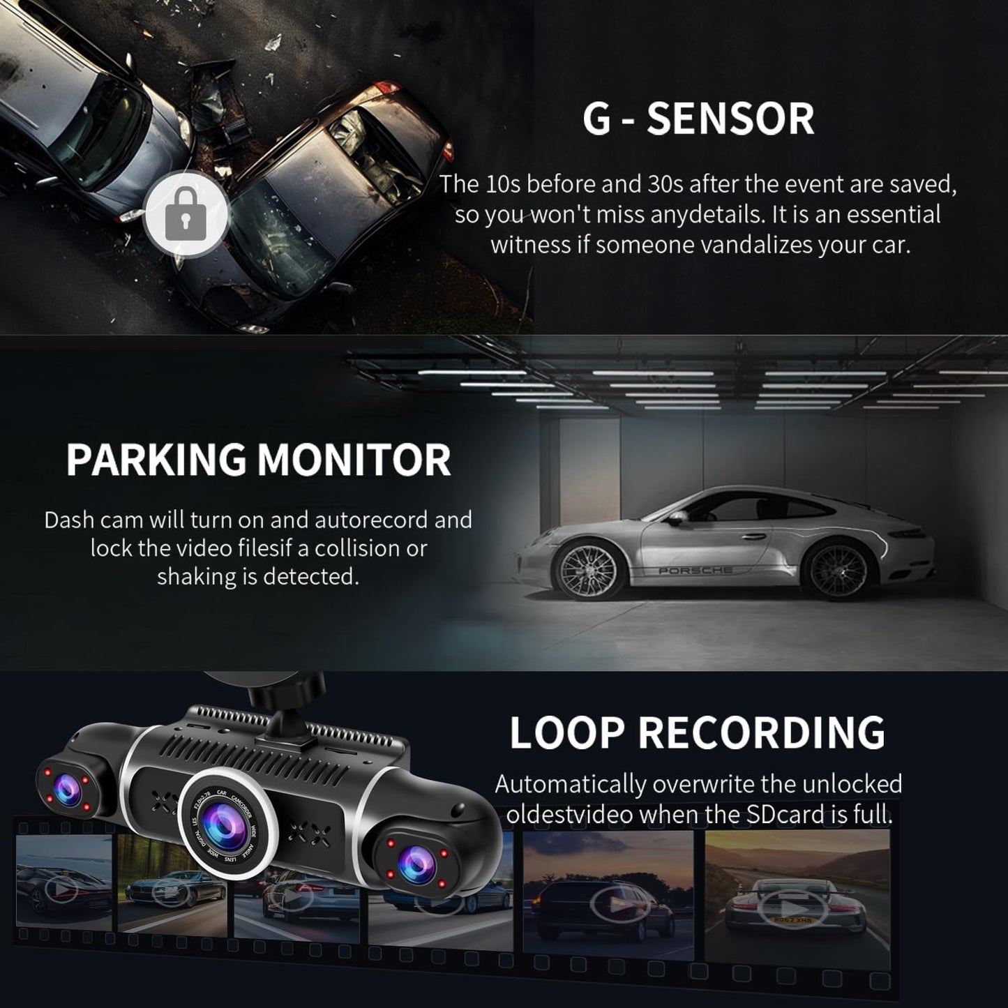 Zunfly W2 dash cam G-sensor collision detection, parking monitor auto-recording, and loop recording features illustrated with real-world crash and parking scenarios