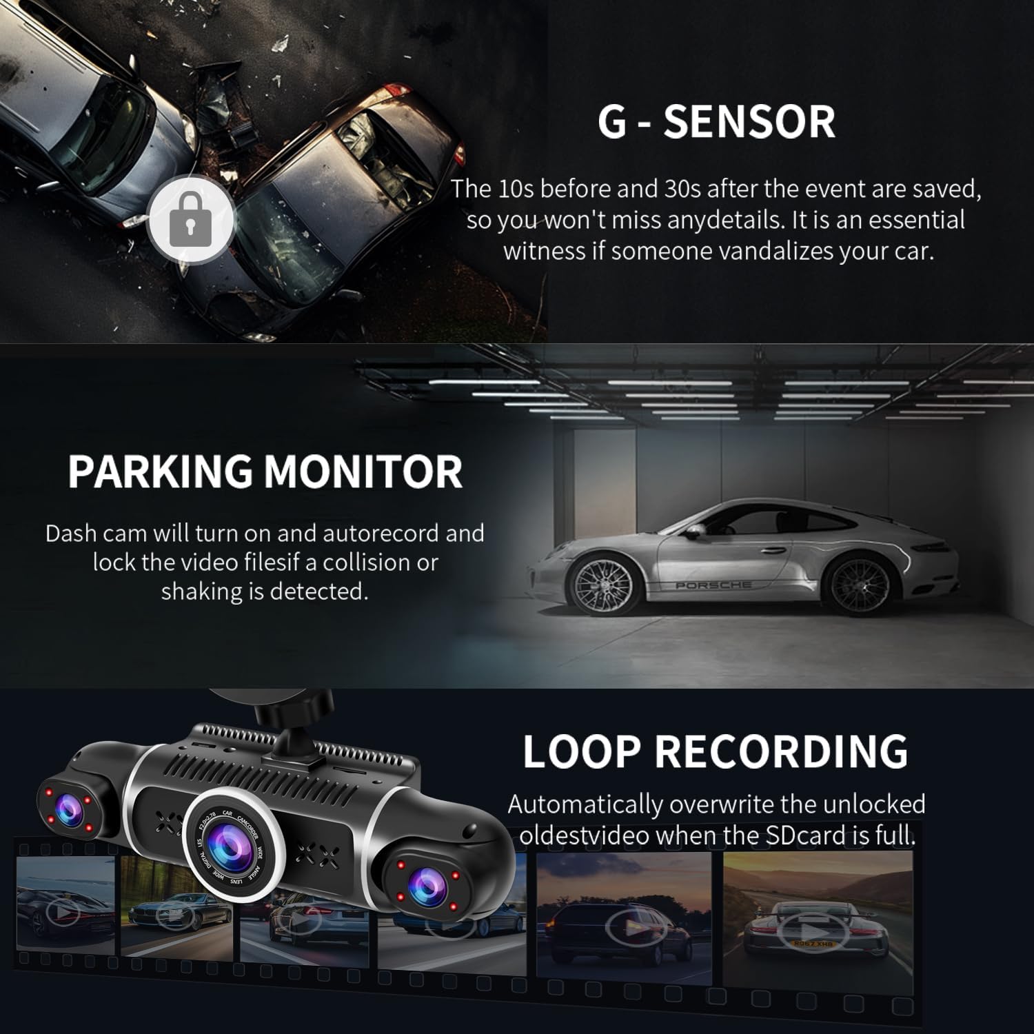 Zunfly W2 dash cam G-sensor collision detection, parking monitor auto-recording, and loop recording features illustrated with real-world crash and parking scenarios