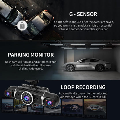 Zunfly W2 dash cam G-sensor collision detection, parking monitor auto-recording, and loop recording features illustrated with real-world crash and parking scenarios