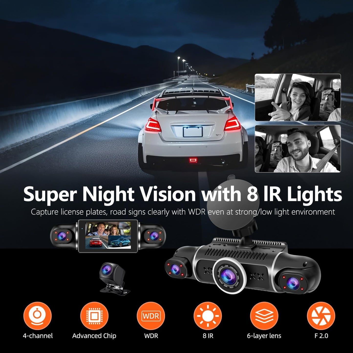 Zunfly W2 dash cam super night vision with 8 IR lights, WDR technology, F2.0 aperture, 6-layer lens, and advanced chip capturing clear license plates in low light