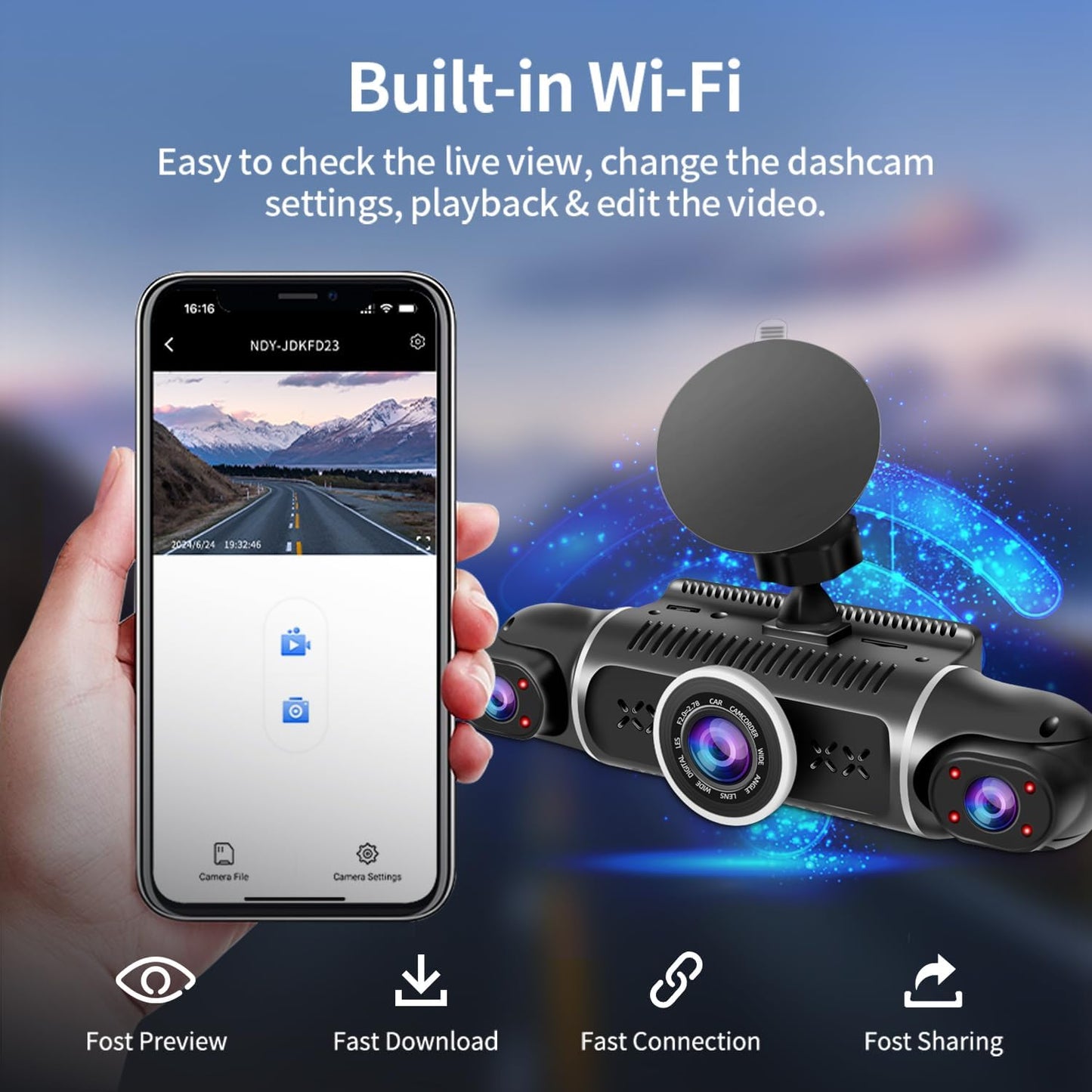 Zunfly W2 built-in WiFi dash cam connected to smartphone app for fast video preview, download, sharing, and live camera settings control