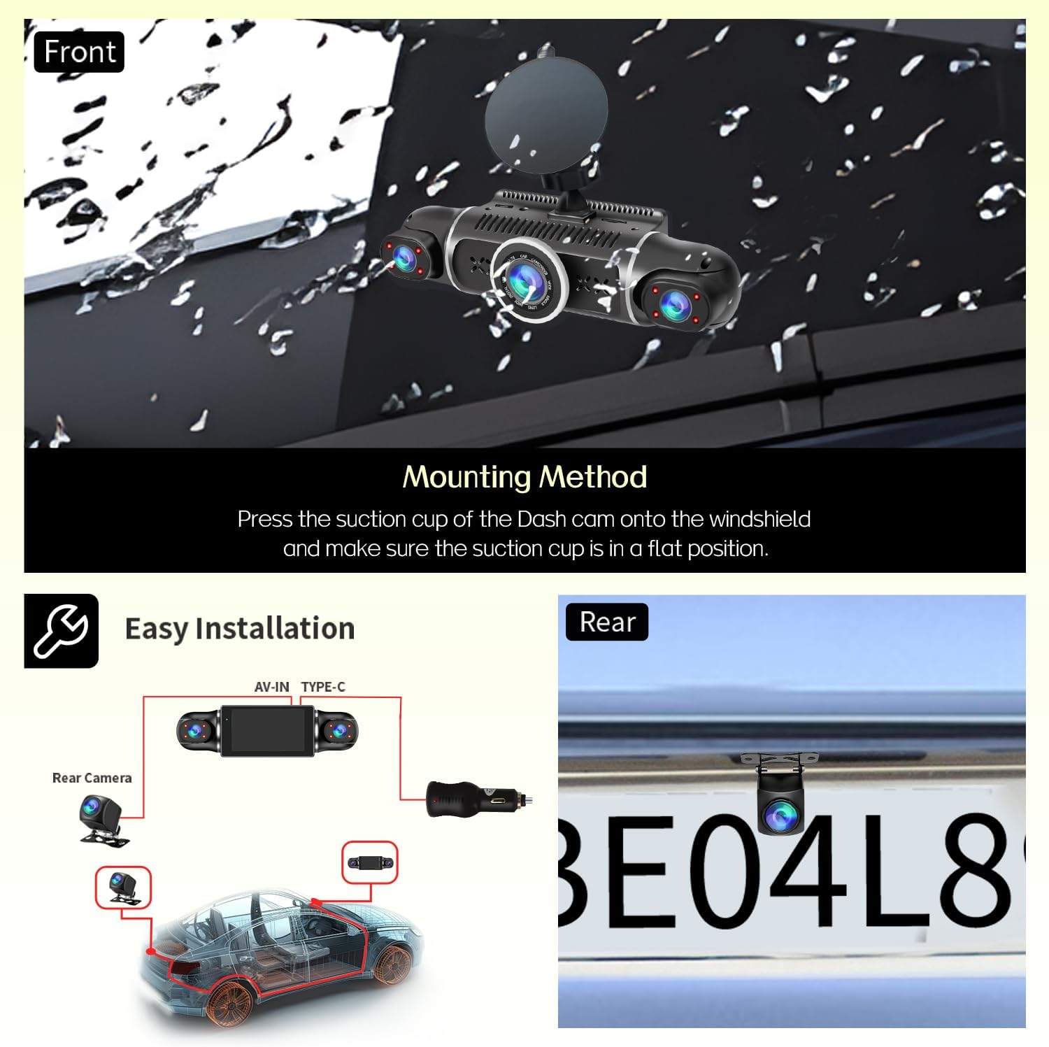 Zunfly W2 dash cam windshield suction cup mounting method, easy installation diagram with rear camera AV-IN and TYPE-C connections, and rear license plate camera view