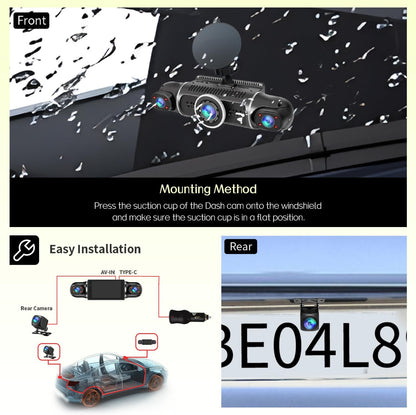 Zunfly W2 dash cam windshield suction cup mounting method, easy installation diagram with rear camera AV-IN and TYPE-C connections, and rear license plate camera view