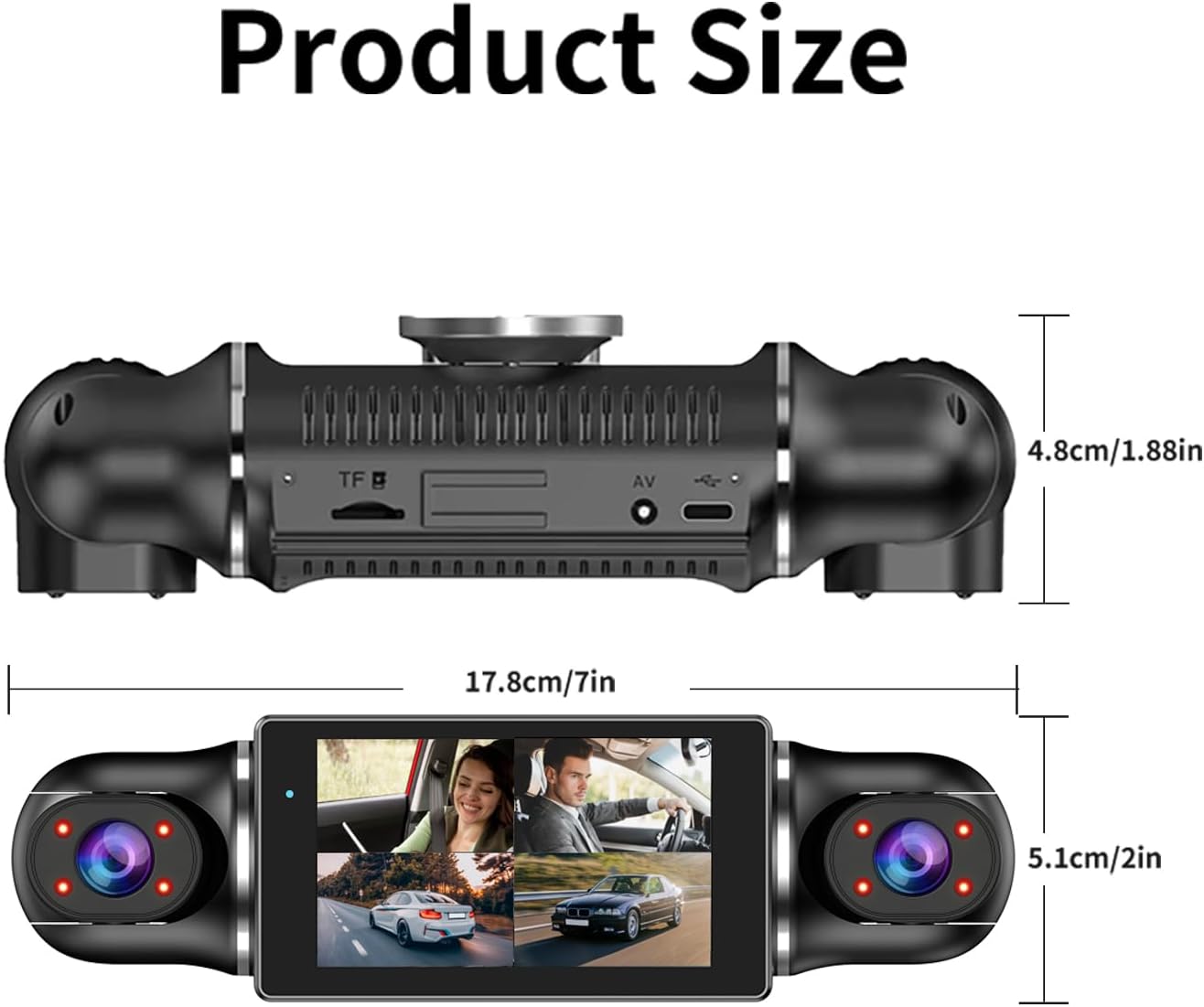 Zunfly W2 dash cam product dimensions: 17.8cm wide, 5.1cm tall, 4.8cm deep — compact design for windshield installation