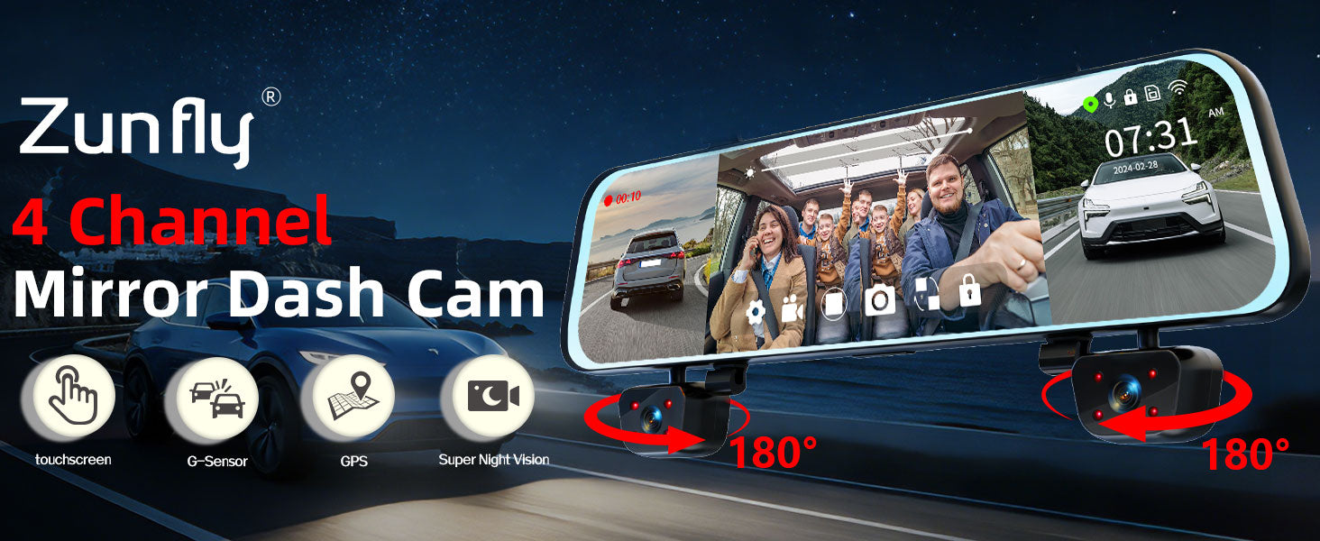 Zunfly L06 4-channel mirror dash cam with 12-inch touch screen, 180-degree rotating interior cameras, G-sensor, GPS, and super night vision