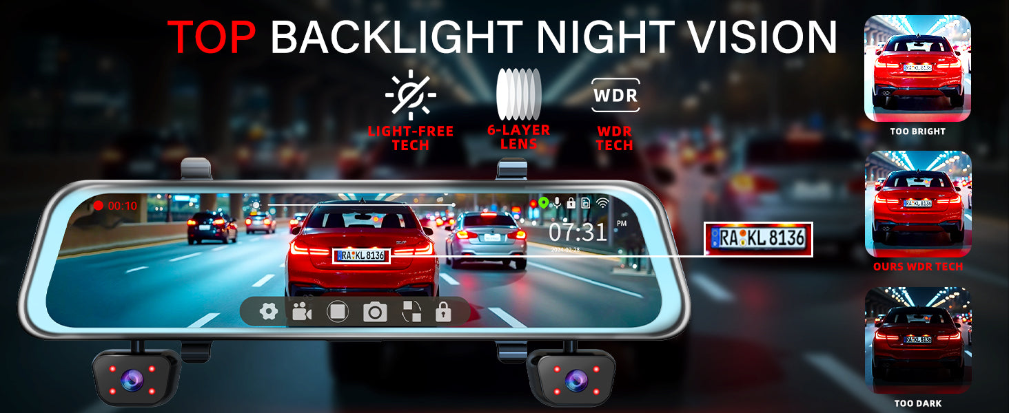 Zunfly L06 mirror dash cam top backlight night vision with 6-layer lens and WDR technology capturing clear license plates in too bright, balanced, and too dark conditions