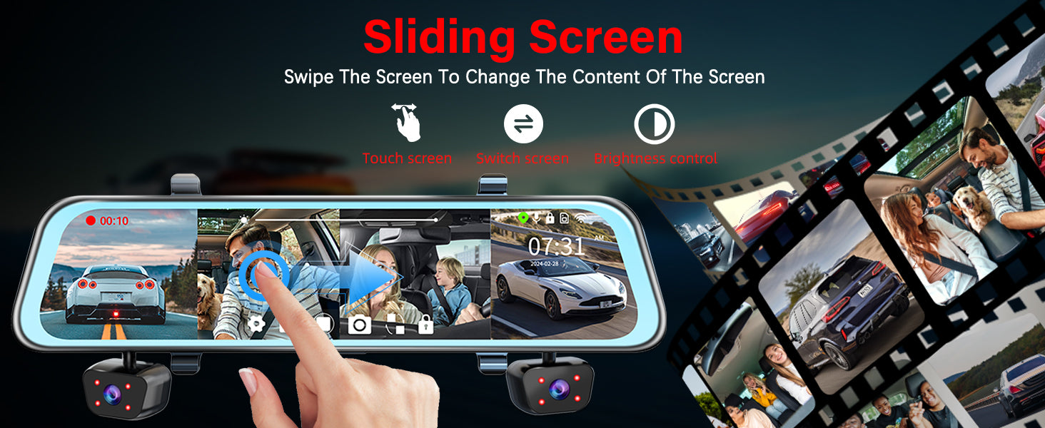 Zunfly L06 12-inch mirror dash cam sliding touch screen — swipe to switch between front, rear, left, and right camera views with brightness control