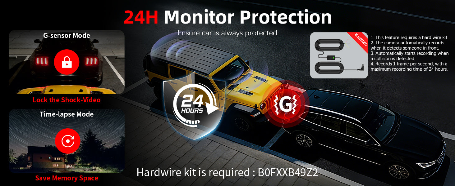 Zunfly L06 mirror dash cam 24-hour parking monitor protection with G-sensor mode, time-lapse mode, and collision detection — hardwire kit required