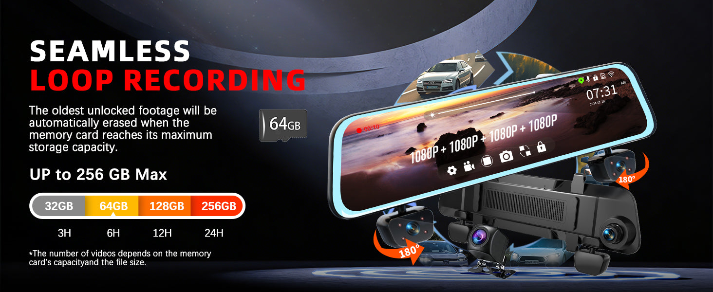 Zunfly L06 mirror dash cam seamless loop recording with 64GB included — supports 32GB to 256GB storage for 3 to 24 hours of continuous 1080P four-channel footage