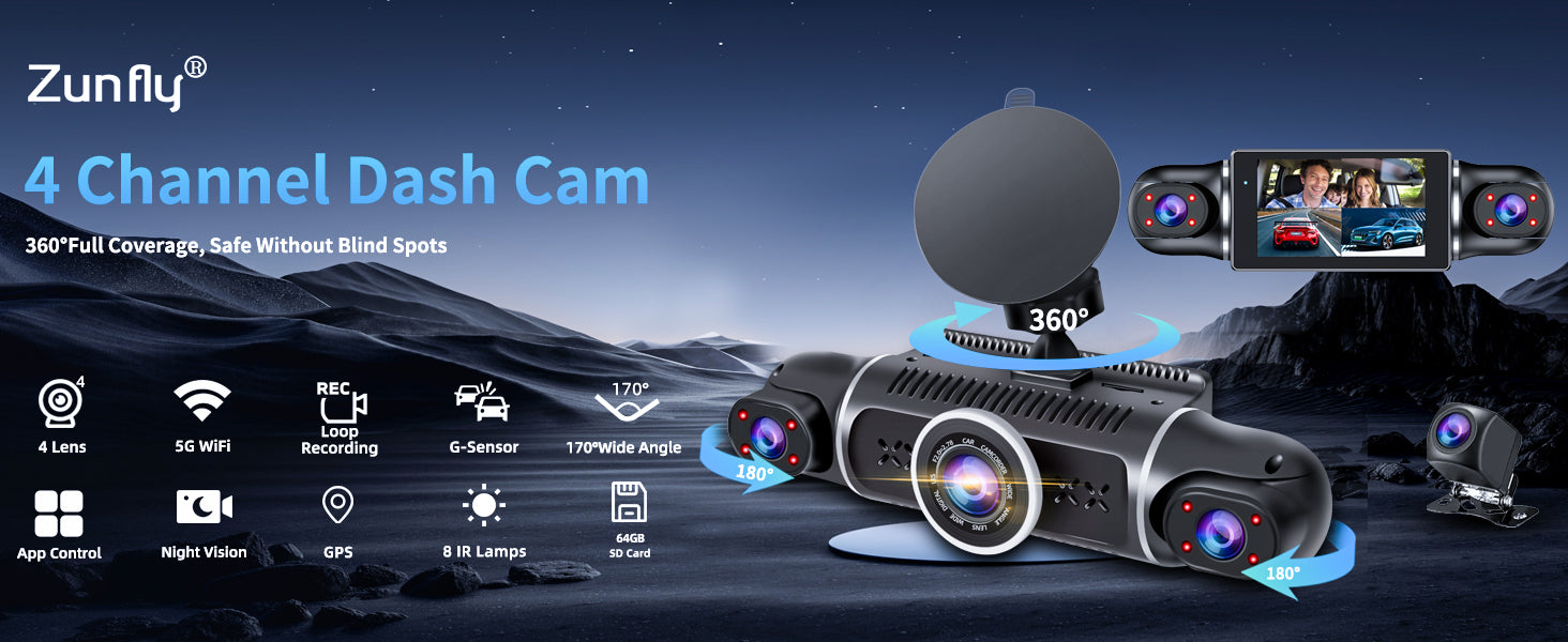 Zunfly W2 4-channel dash cam with 360-degree full coverage, 4 lens, 5G WiFi, GPS, night vision, 8 IR lamps, and 64GB SD card — safe without blind spots