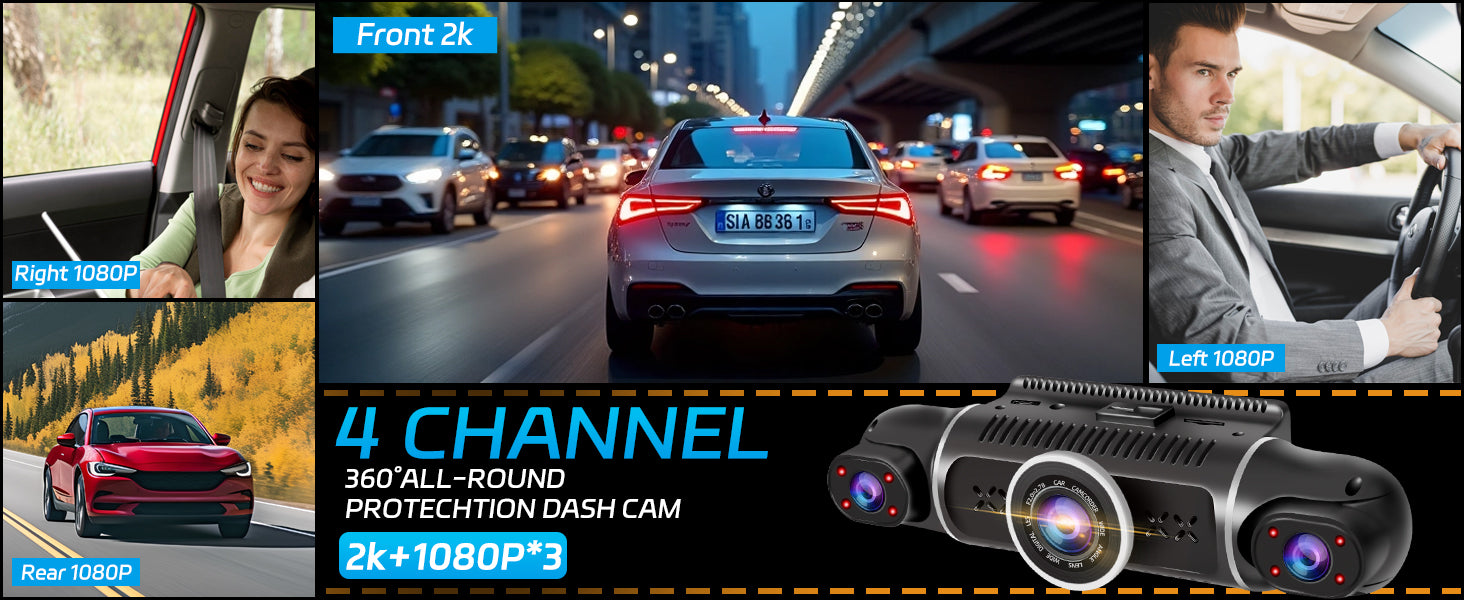 Zunfly W2 4-channel 360-degree dash cam showing 2K front, 1080P rear, 1080P left, and 1080P right interior all-round protection coverage