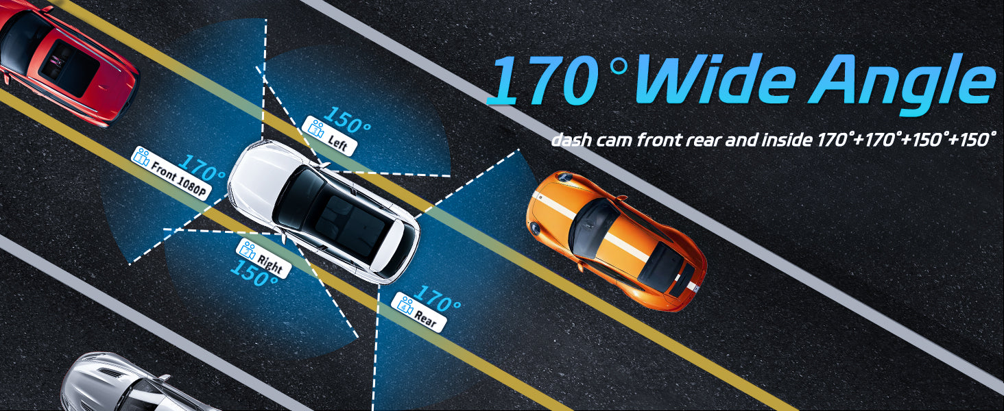 Zunfly W2 dash cam 170-degree wide angle coverage diagram — front 170, rear 170, left 150, right 150 degrees for full road protection