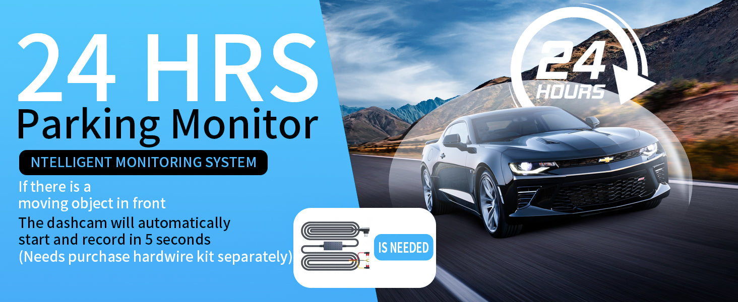 Zunfly W2 dash cam 24-hour parking monitor with intelligent motion detection — auto-records within 5 seconds when movement is detected, hardwire kit required