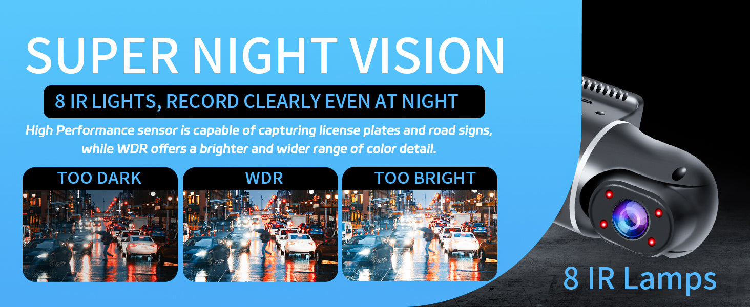 Zunfly W2 dash cam super night vision with 8 IR lamps and WDR technology — comparison of too dark, WDR balanced, and too bright footage on rainy city road