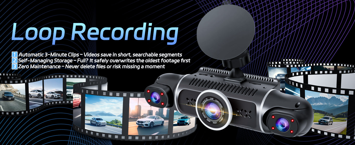 Zunfly W2 dash cam loop recording — automatic 3-minute clips, self-managing storage overwrites oldest footage first, zero manual maintenance needed