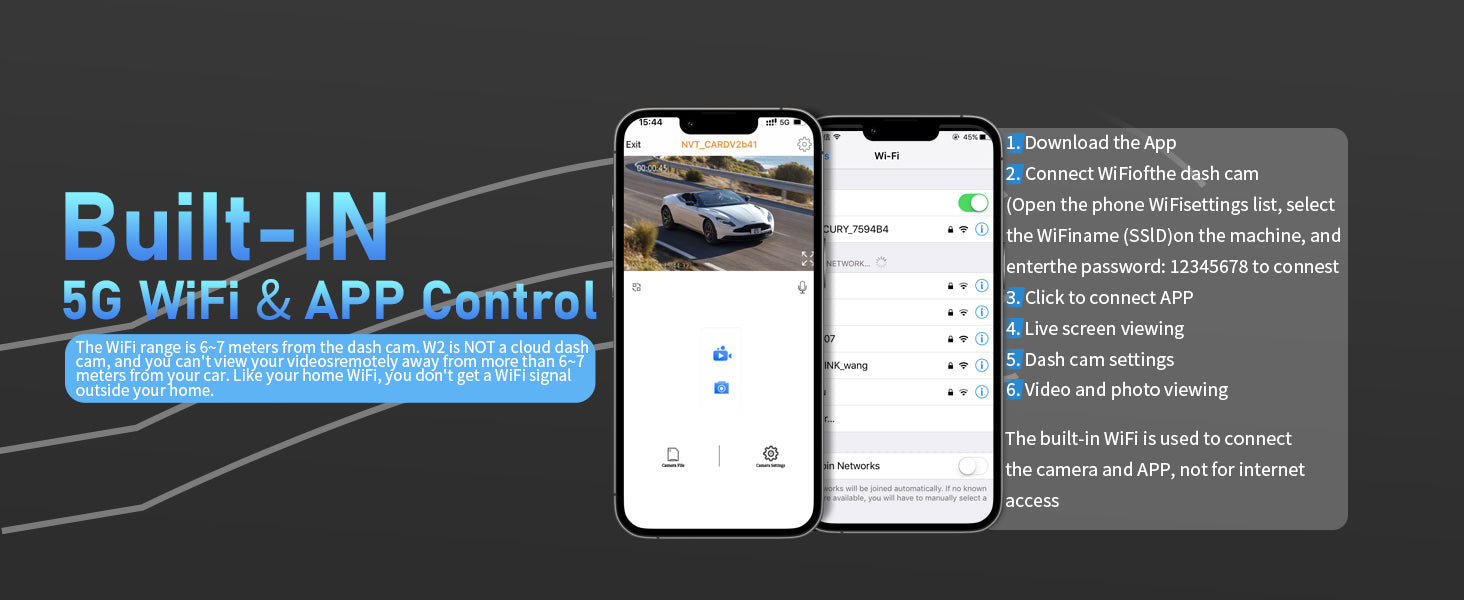 Zunfly W2 built-in 5G WiFi and app control — smartphone connection for live view, video download, dash cam settings, and video playback within 6 to 7 meter range