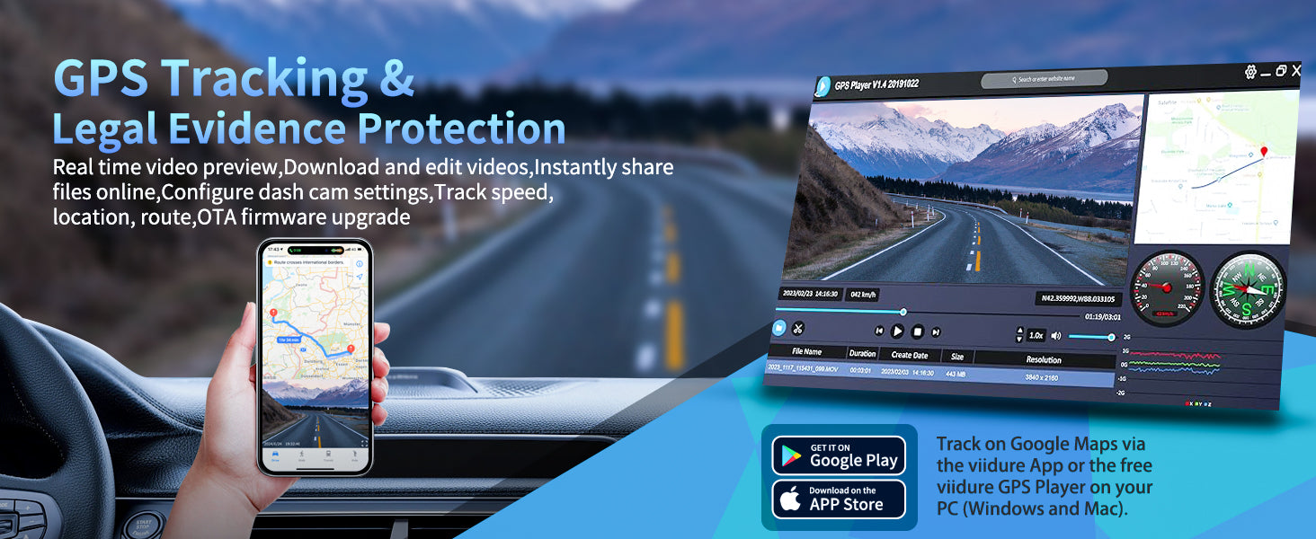 Zunfly W2 dash cam GPS tracking and legal evidence protection — real-time route, speed, location on smartphone and PC via viidure app on Google Play and App Store
