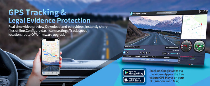 Zunfly W2 dash cam GPS tracking and legal evidence protection — real-time route, speed, location on smartphone and PC via viidure app on Google Play and App Store