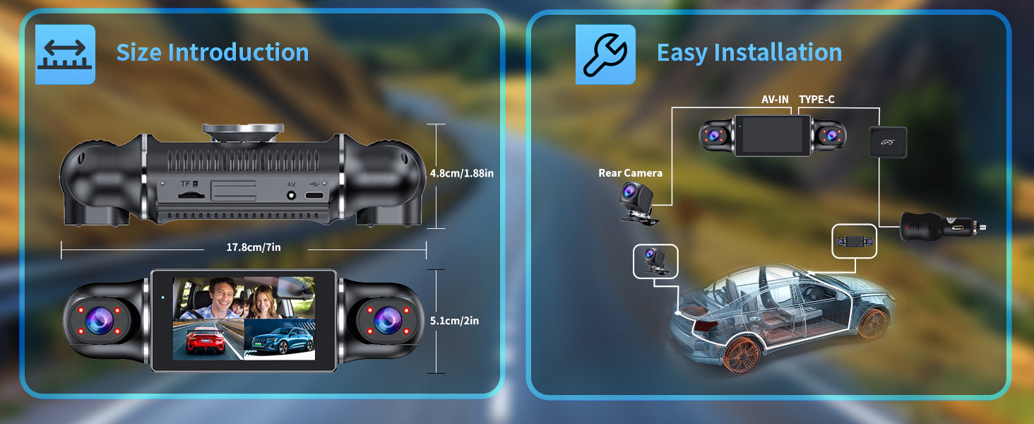 Zunfly W2 dash cam size 17.8cm wide by 5.1cm tall by 4.8cm deep with easy installation diagram showing rear camera, AV-IN, TYPE-C, and GPS module connections